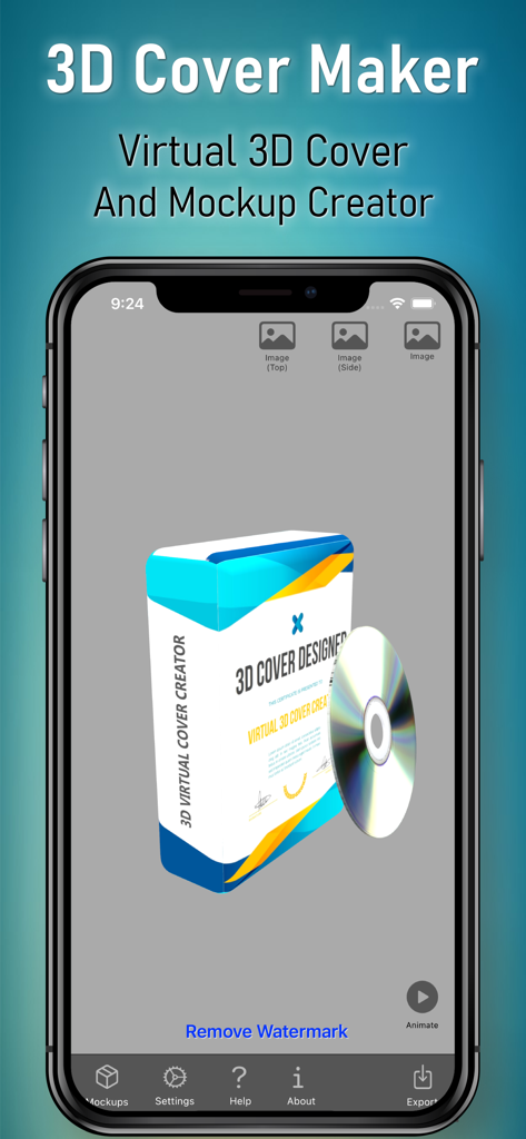 Interfaz de aplicación móvil que muestra un creador de mockups 3D de cajas de software y CDs