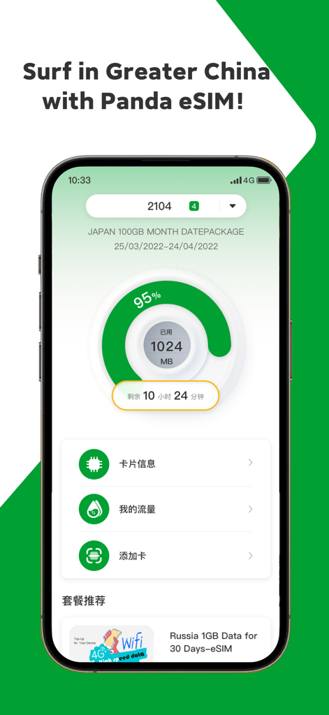 Panda eSIM - Panda eSIM Mobile App-Oberfläche, die Echtzeit-Datenüberwachung und internationale Datentarifoptionen anzeigt.