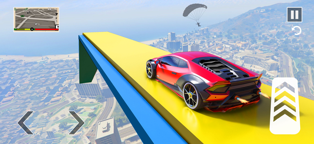 Drive Real Car Games - A red sports car driving on a high altitude stunt ramp over a city