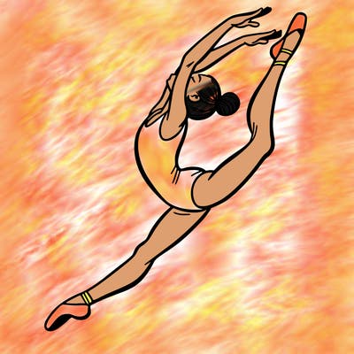 gymnast doing a leap in a leotard with a bent back leg