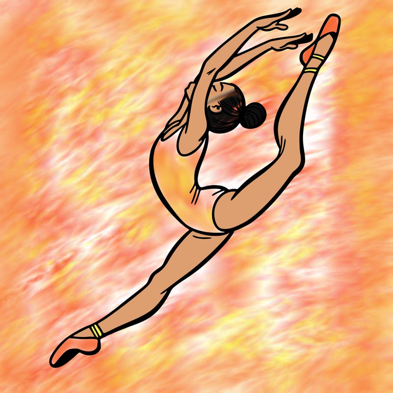 gymnast doing a leap in a leotard with a bent back leg