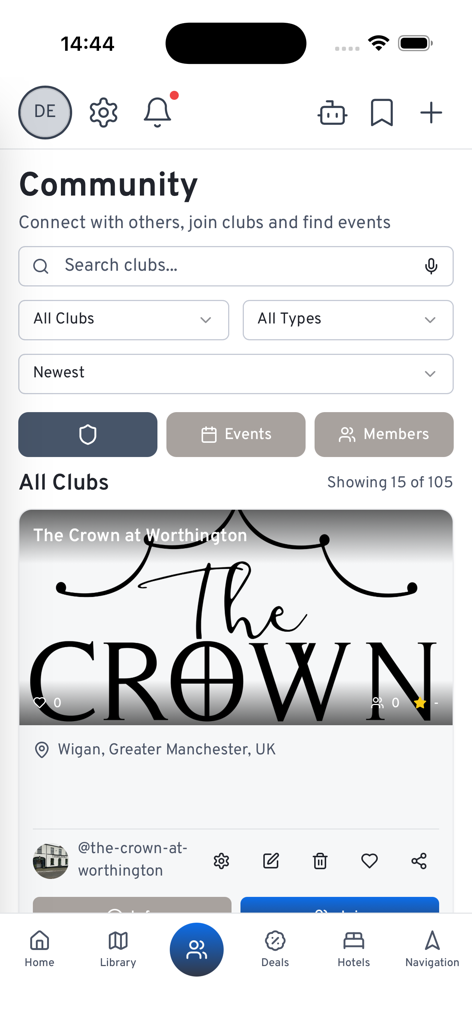 MIVIA 2.0 - Capture d'écran de la page Communauté de l'application MIVIA 2.0 montrant une interface de recherche de clubs de conduite et d'événements locaux.