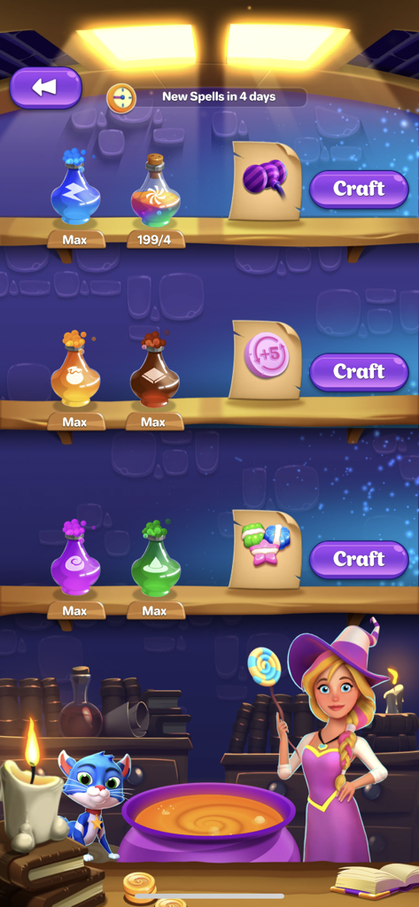 Crafty Candy - Candice the witch in her magic workshop crafting spells and boosters with Cookie the cat