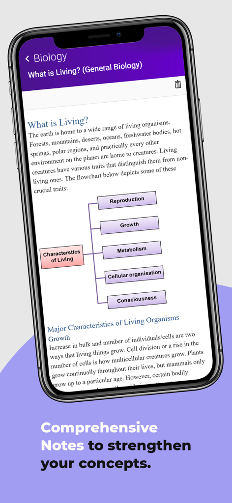 A mobile app screen showing detailed biology study notes and a flowchart about the characteristics of living organisms
