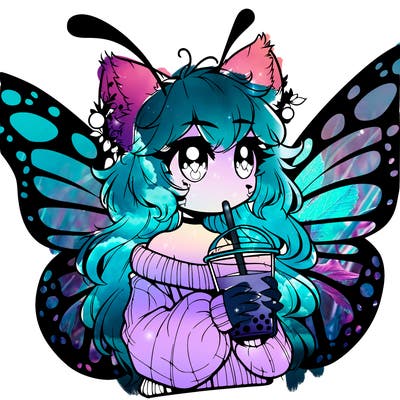a realistic butterfly/furry girl drinking boba