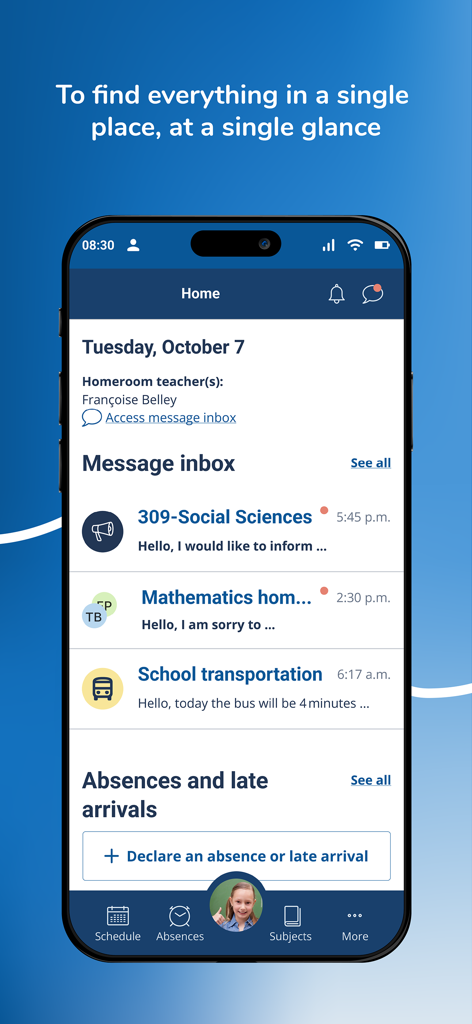 Clic école - Écran d'accueil de l'application Clic école affichant les messages de l'élève et la gestion des absences