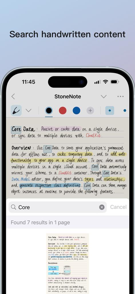 StoneNote - Video Study Note - Screenshot of the StoneNote app on iPhone showing the search feature for handwritten notes with the keyword Core highlighted