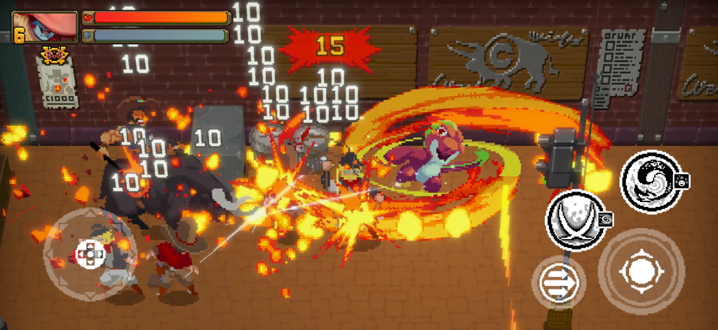 A high-intensity combat scene in Otherworld Legends showing pixel art heroes and boss.