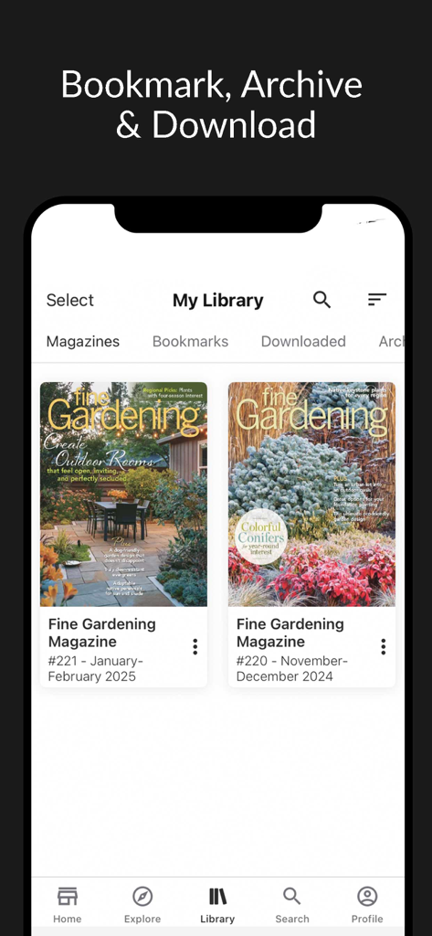 Fine Gardening Magazine - Fine Gardening Magazine app library screen showing digital magazine issues available for download and archiving.