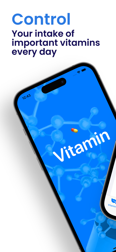 Vitamin: Track, Log & Schedule - iPhone exibindo a tela inicial do aplicativo Vitamin com mensagens de controle de ingestão diária.