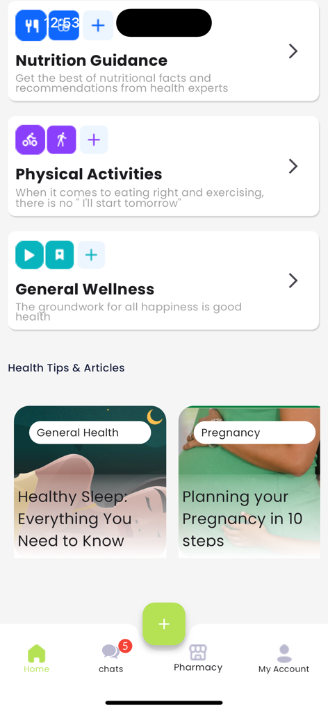 Bisa - Bisa app home screen displaying nutrition physical activities and general wellness categories with health articles