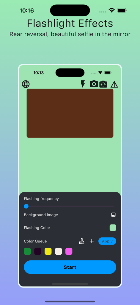 Interfaz para personalizar los efectos de la linterna y los colores de la pantalla en la aplicación Selfie Light Camera