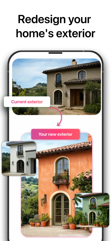 Smartphone screen displaying the AI Remodel app feature for redesigning a home exterior with before and after visuals
