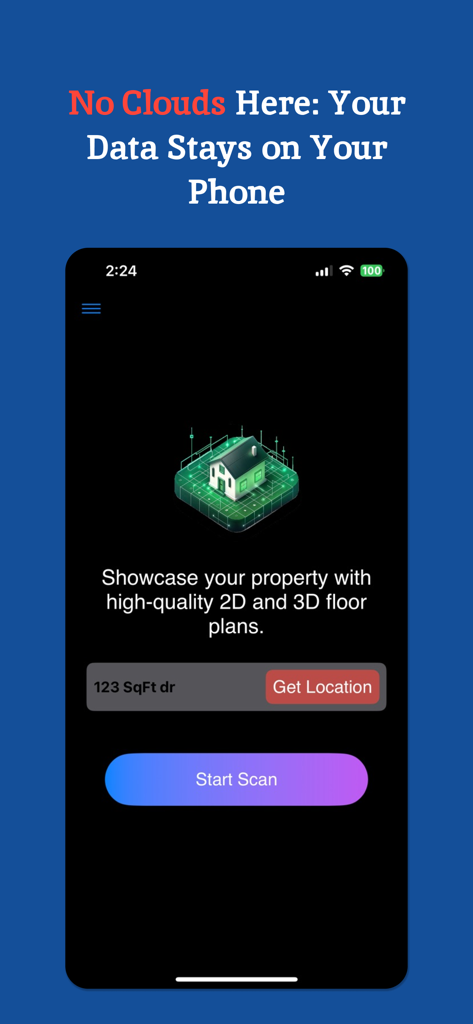 Area Calculator Floor Planner - Interface do aplicativo Calculadora de Área Planejador de Pisos destacando o armazenamento local de dados e o escaneamento de plantas baixas