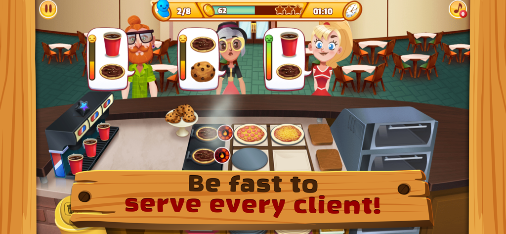 Pizza Shop 2: Cooking Games - Gameplay de Pizza Shop 2 montrant une cuisine animée et des clients attendant leurs commandes de nourriture