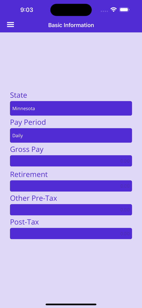 Withholding Calc - 源泉徴収計算機アプリの基本情報画面、州、給与期間、総支給額のフィールドが表示されています