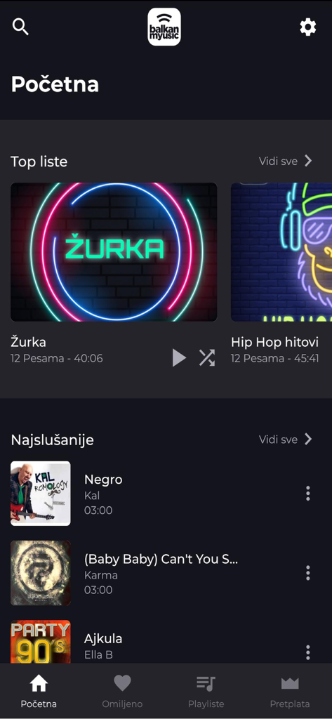 Balkan myusic - Balkan myusicアプリのホーム画面。人気の地域プレイリストとトレンドの音楽トラックをフィーチャーしています。