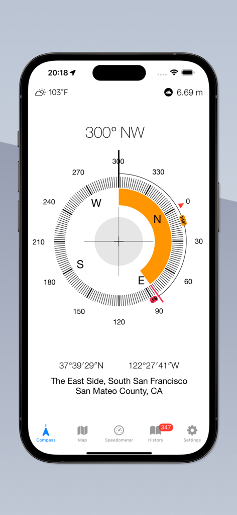Speedometer GPS & Compass - Interfaz de brújula digital en la aplicación Velocímetro GPS y Brújula que muestra la dirección, las coordenadas y la ubicación