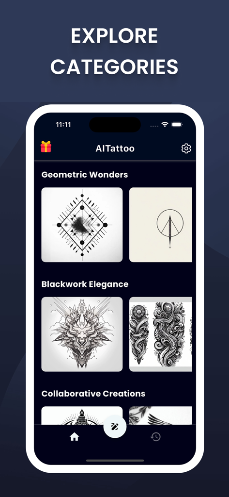 AI Tattoo Generator, Designs - Interface of the AI Tattoo Generator app showing various design categories like Geometric Wonders and Blackwork Elegance.