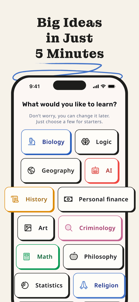 Growbit - Daily Micro Learning - Interfaccia dell'app Growbit che mostra vari argomenti educativi per lezioni di micro-apprendimento rapide di 5 minuti