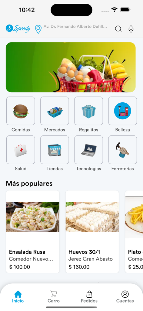 Speedyアプリのホームインターフェイス。食品、市場、健康、ハードウェアサービスのカテゴリが表示されています。