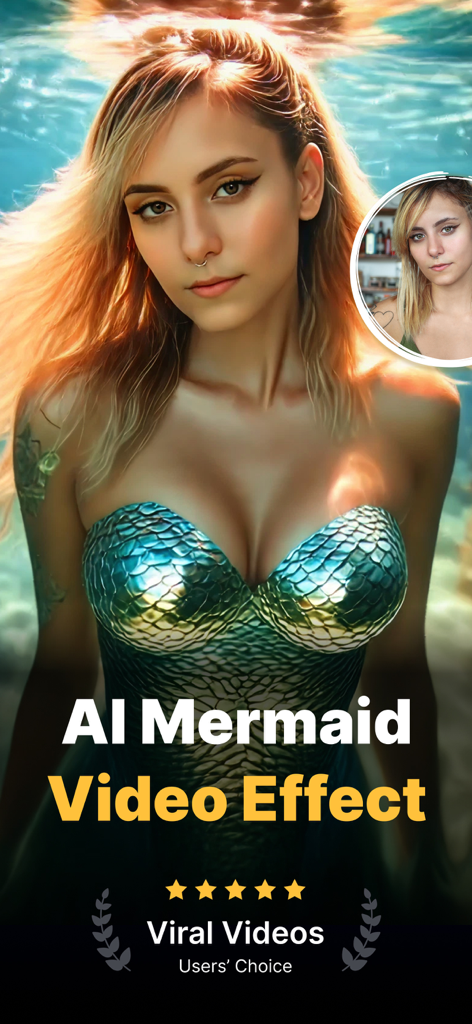 AI Video Creator - MagicVid.AI - A woman transformed into a digital mermaid using AI video effects on MagicVid app
