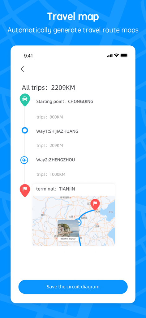 Travel Map:Journeys Route Plan - Una interfaz de aplicación móvil que muestra un resumen de la ruta de viaje con punto de inicio, puntos intermedios, ubicación terminal y un viaje mapeado.