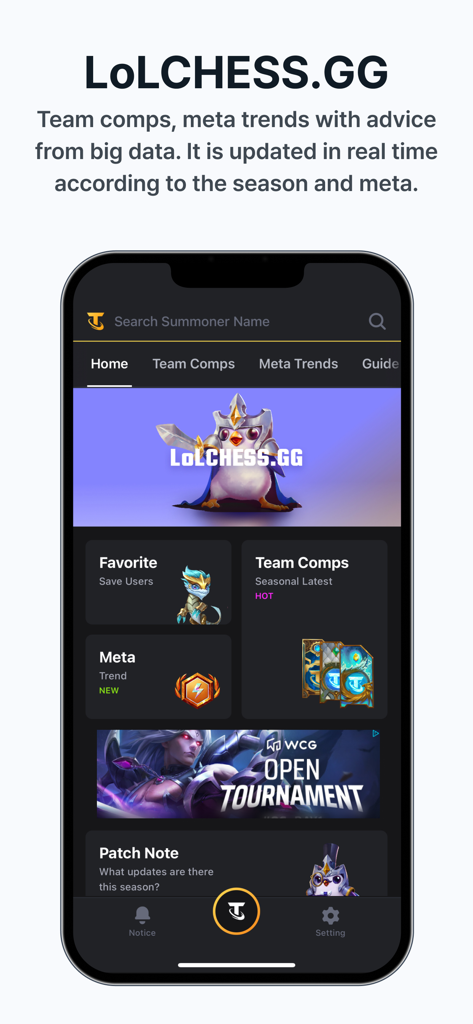 Interface of DAK.GG app displaying LoLCHESS.GG Teamfight Tactics team comps and meta trends