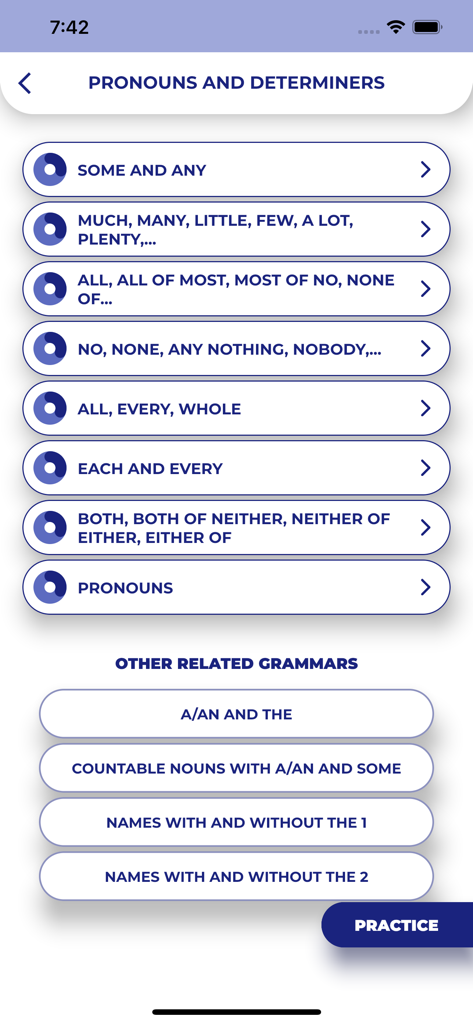 PORO - English Grammar - A list of English grammar lessons focusing on pronouns and determiners in the PORO app