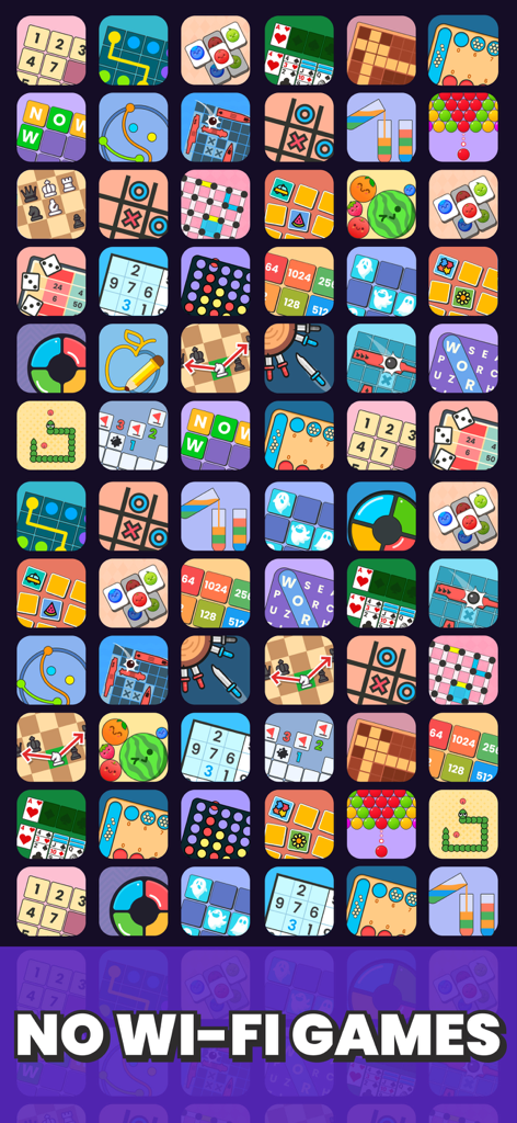 Una cuadrícula que muestra varios íconos de minijuegos, incluidos rompecabezas y juegos de lógica, con el texto Juegos sin Wi-Fi en la parte inferior.
