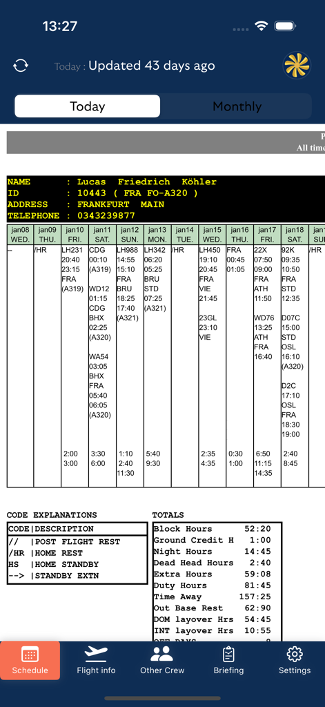 Avio Crew - Interface de l'application mobile Avio Crew montrant un planning de vol détaillé pour pilote et les heures de service