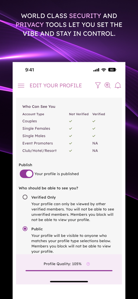 Privacy settings screen in the Quiver dating app showing profile visibility and security controls