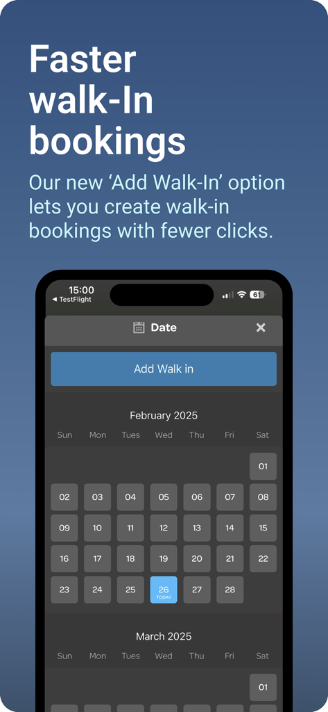 ResDiary Plus mobile app interface showing the quick add walk-in booking feature and date selection calendar