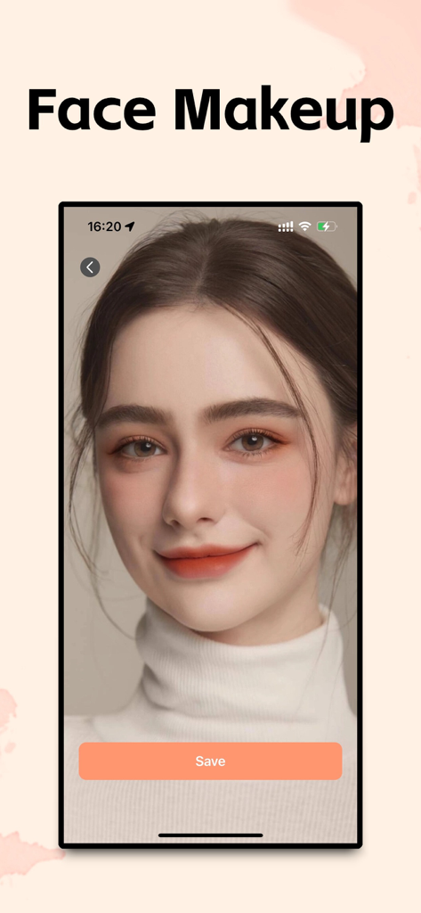 Face Analysis - AI Try Makeup - Pantalla de smartphone mostrando la aplicación Análisis Facial con un efecto de maquillaje virtual en una modelo