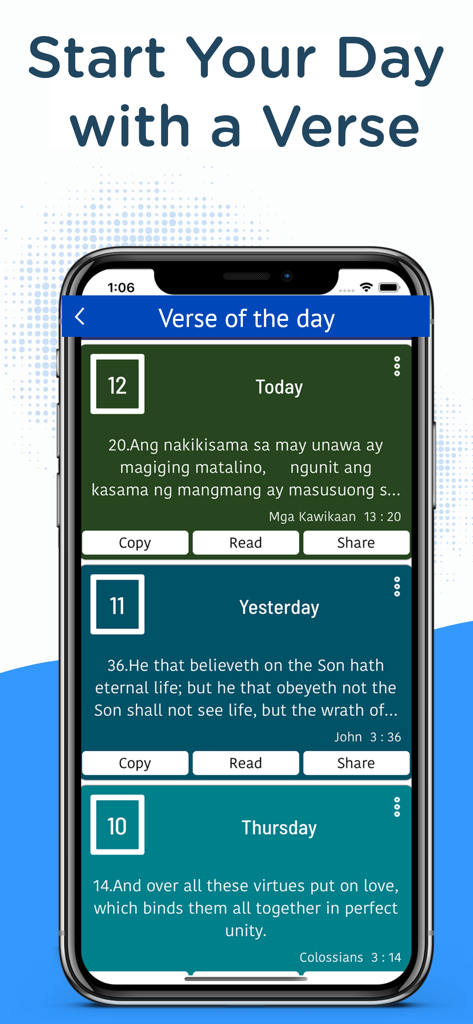Schermata mobile dell'app Biblia Dios Habla Hoy che visualizza versetti biblici giornalieri