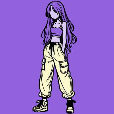 girl in baggy pants crop top and long hair