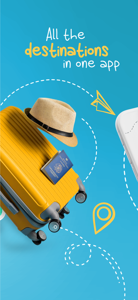 Vardan Travel - Vardan Travel app introductory screen featuring a yellow suitcase and Armenian passport on a blue background.