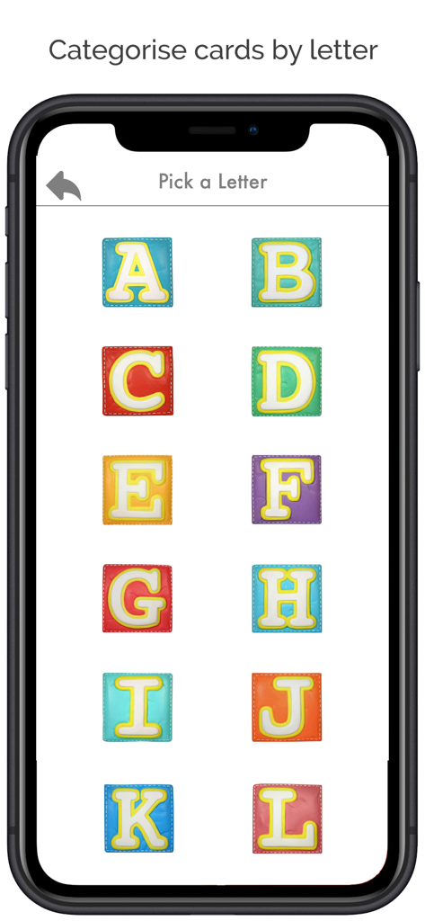 Flash Cards App Learn English - Tela de seleção de alfabeto apresentando blocos de letras coloridos para crianças