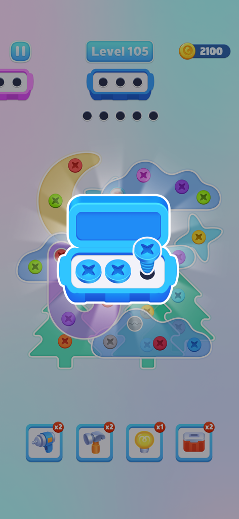 Nuts Out - Screw Jam Puzzle - Nuts Out Screw Jam Puzzle gameplay screen showing blue screws being sorted into a matching box over colorful glass shapes.