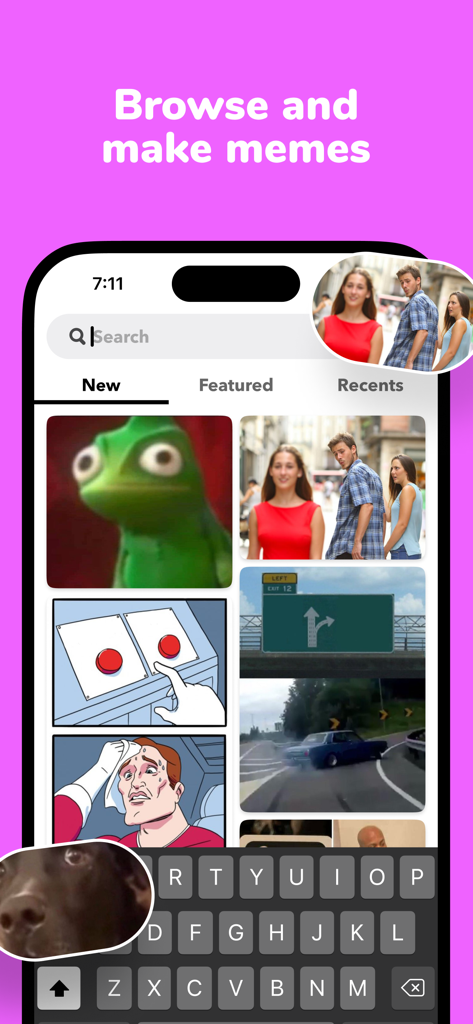 Interface do aplicativo Sidechat mostrando uma galeria de memes populares da internet para os usuários navegarem e compartilharem