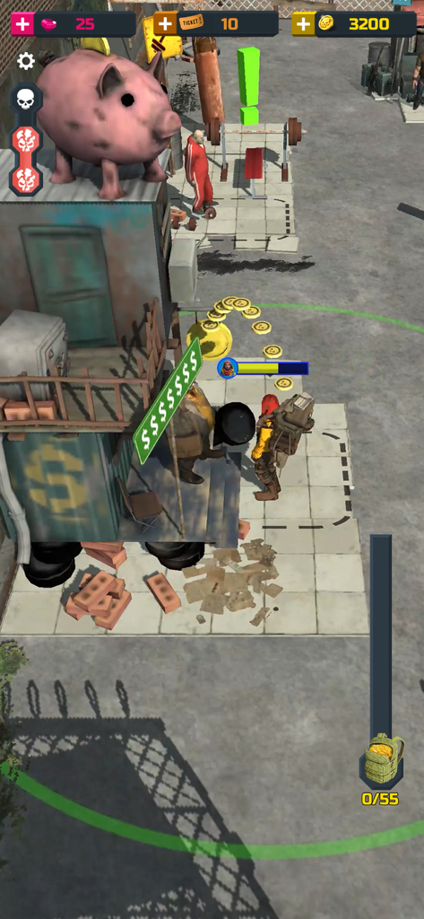 In-game screenshot showing the base camp banking system with a large pink piggy bank