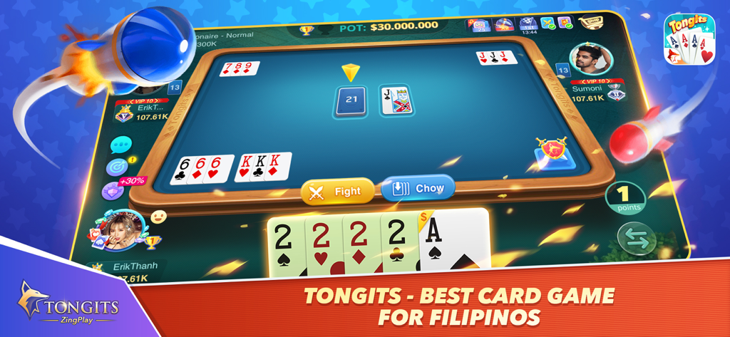 Tongits ZingPlay card game interface showing a three player digital card table