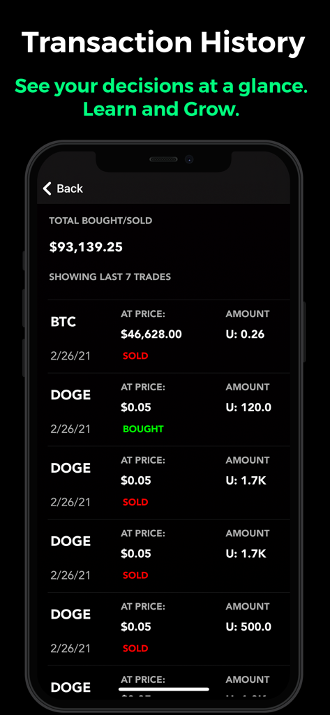 Tela de histórico de transações mostrando trades virtuais de criptomoedas em uma interface de modo escuro.