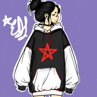 realistic girl with a oversized sweatshirt on and a bun