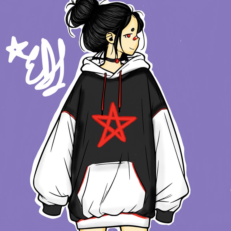 realistic girl with a oversized sweatshirt on and a bun