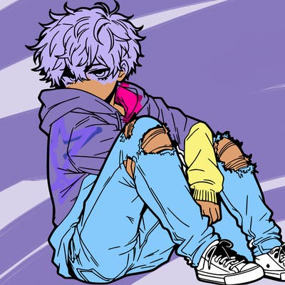 a male hoddie ripped jeans messy hair anime