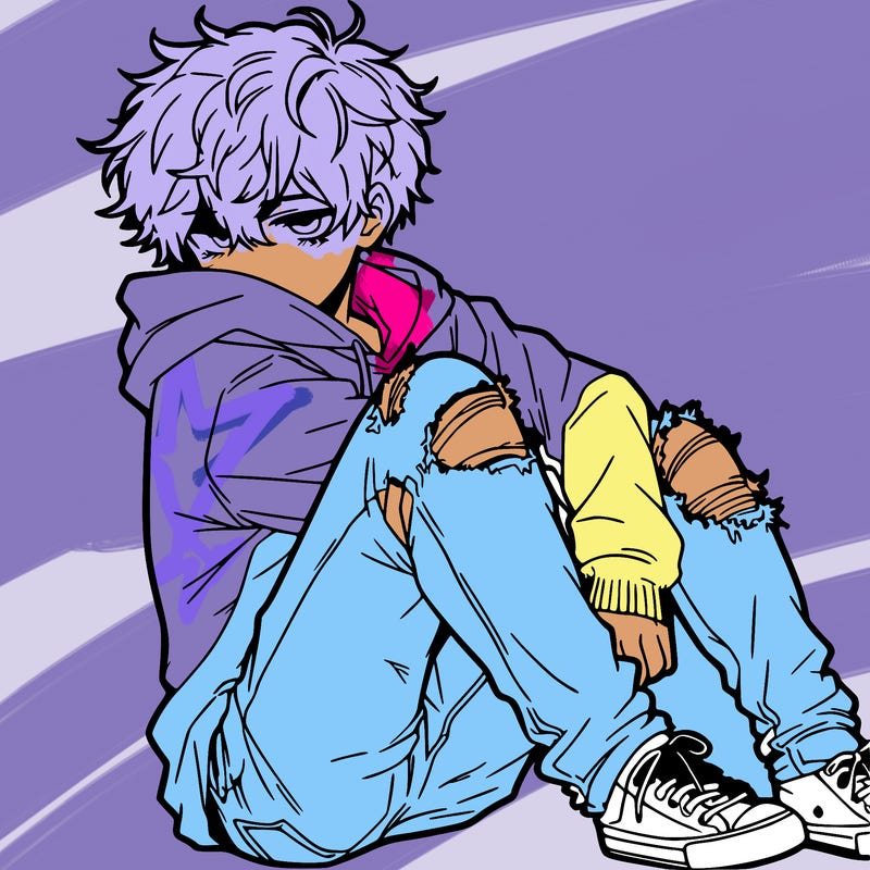 a male hoddie ripped jeans messy hair anime