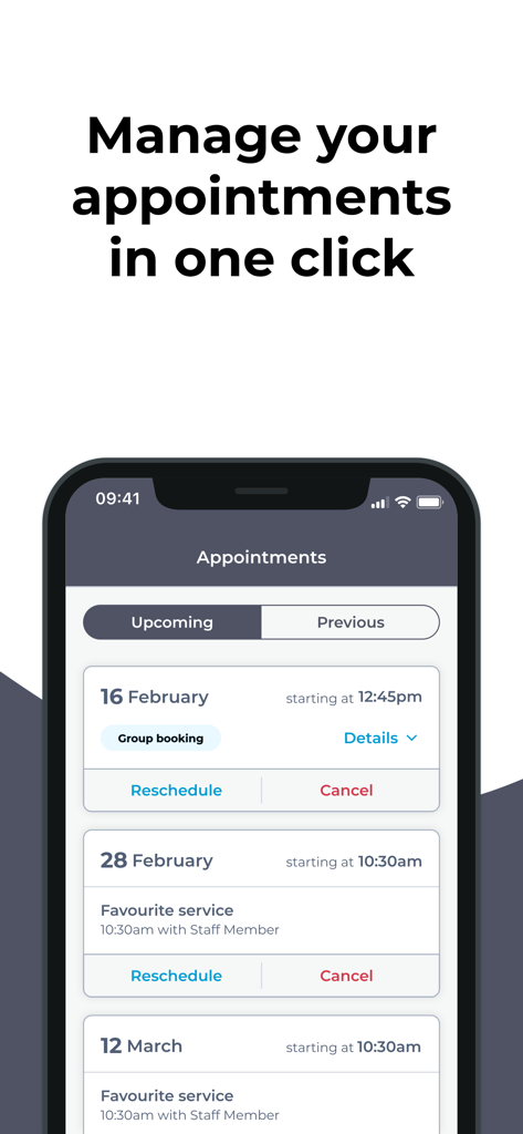 Eden Holistic Spa mobile App-Oberfläche, die eine Liste anstehender Termine mit Optionen zum Verschieben und Stornieren anzeigt