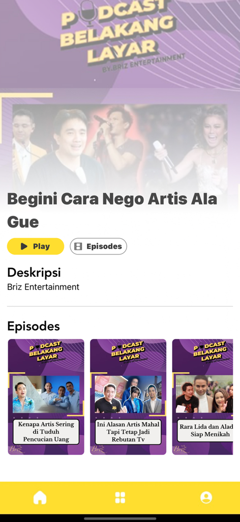 Tripper Travel - Tripper Travelモバイルアプリインターフェース、機内エンターテイメント用のポッドキャストエピソードメニューを表示