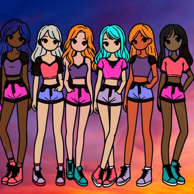 a group of girls wearing crop tops and shorts